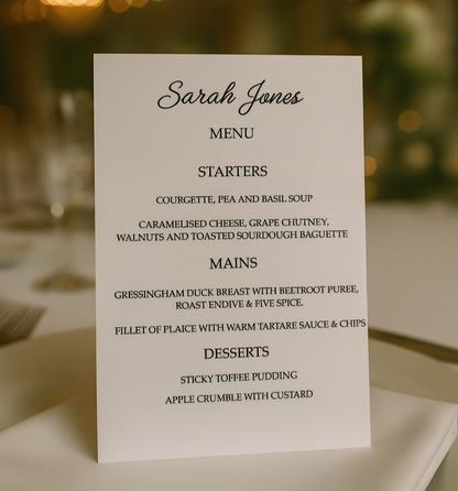 Personalised Name Place Cards with Menu Cards for Wedding and Special Occasions