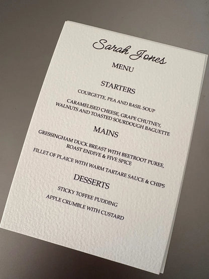 Personalised Name Place Cards with Menu Cards for Wedding and Special Occasions